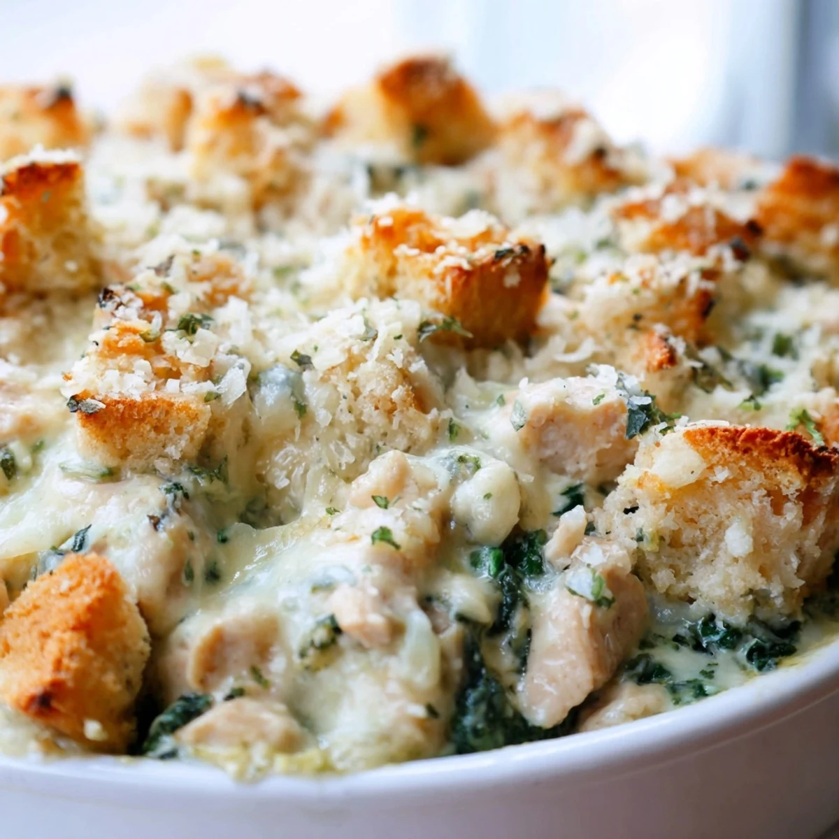 Creamy chicken spinach casserole topped with melted mozzarella and crispy breadcrumbs