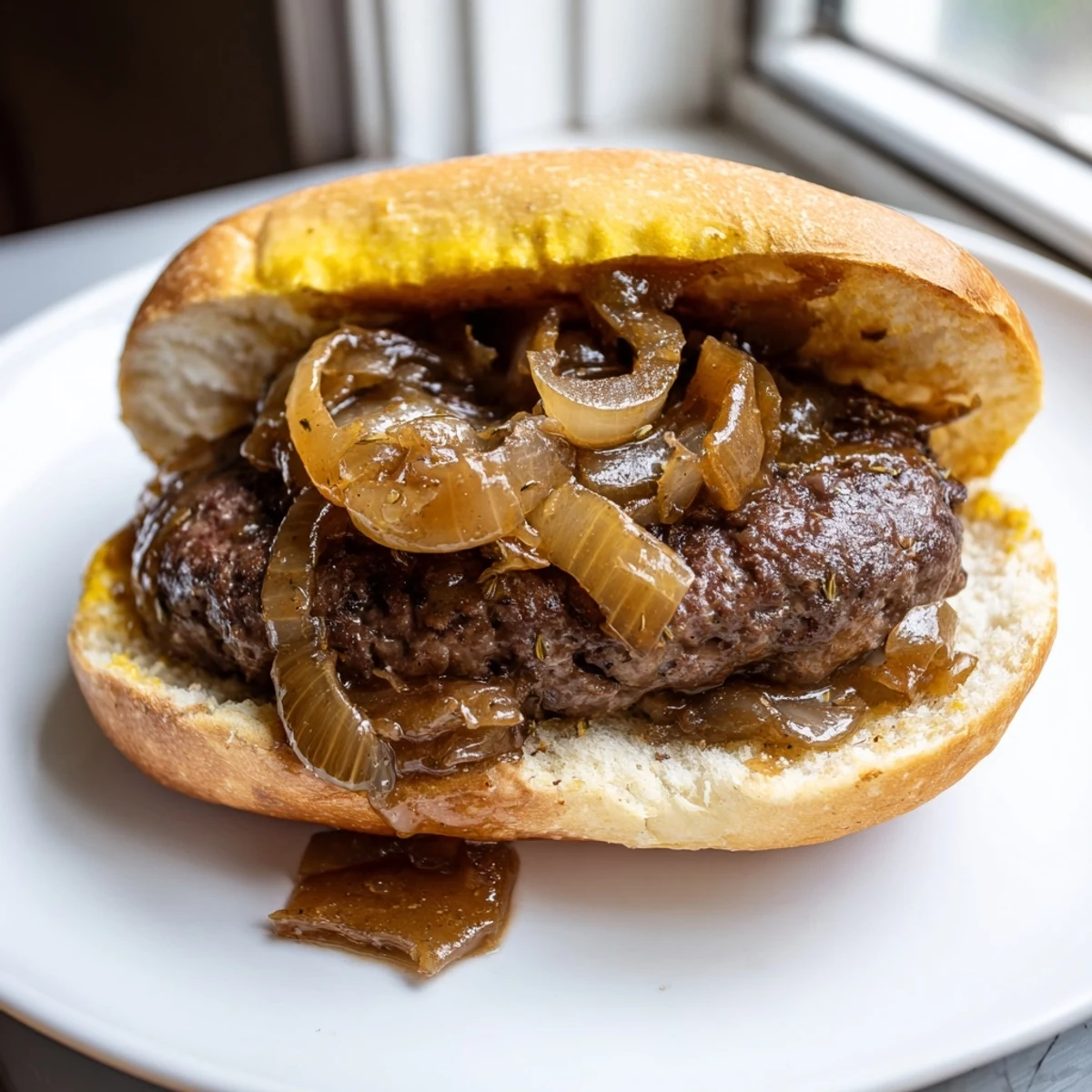 Juicy smothered hamburger steak sandwiches dripping with rich onion gravy on toasted hoagie rolls