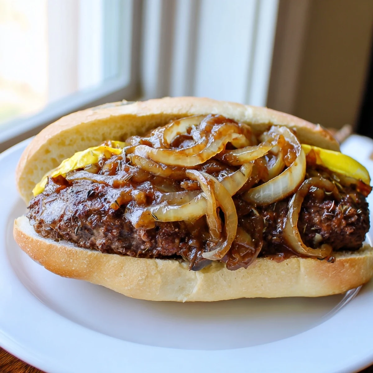 Golden hamburger steak sandwiches nestled in soft buns under a thick savory onion gravy