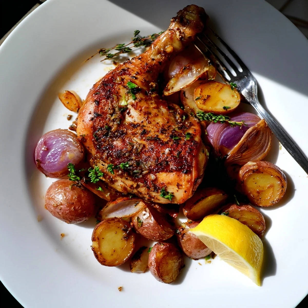 Golden baked honey lemon chicken and potatoes with crispy skin and caramelized edges