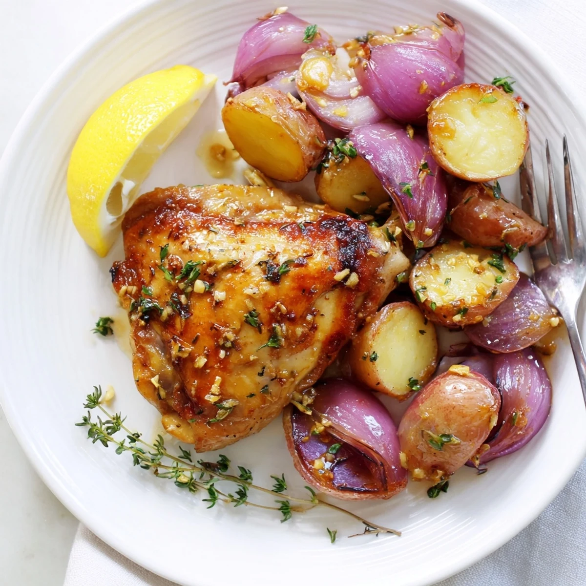 Juicy baked honey lemon chicken and potatoes drizzled in a glossy pan sauce