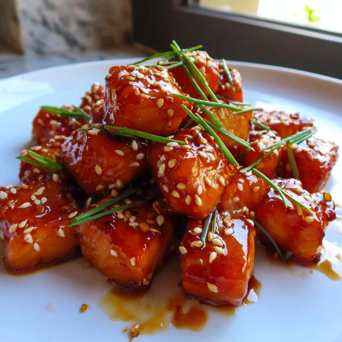 Caramelized hot honey salmon bites glistening with a spicy-sweet sticky glaze on a parchment-lined baking tray
