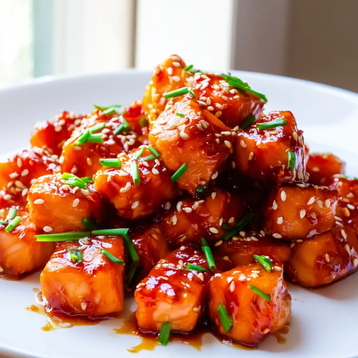 Juicy hot honey salmon bites coated in a glossy sriracha honey sauce ready for dipping and sharing