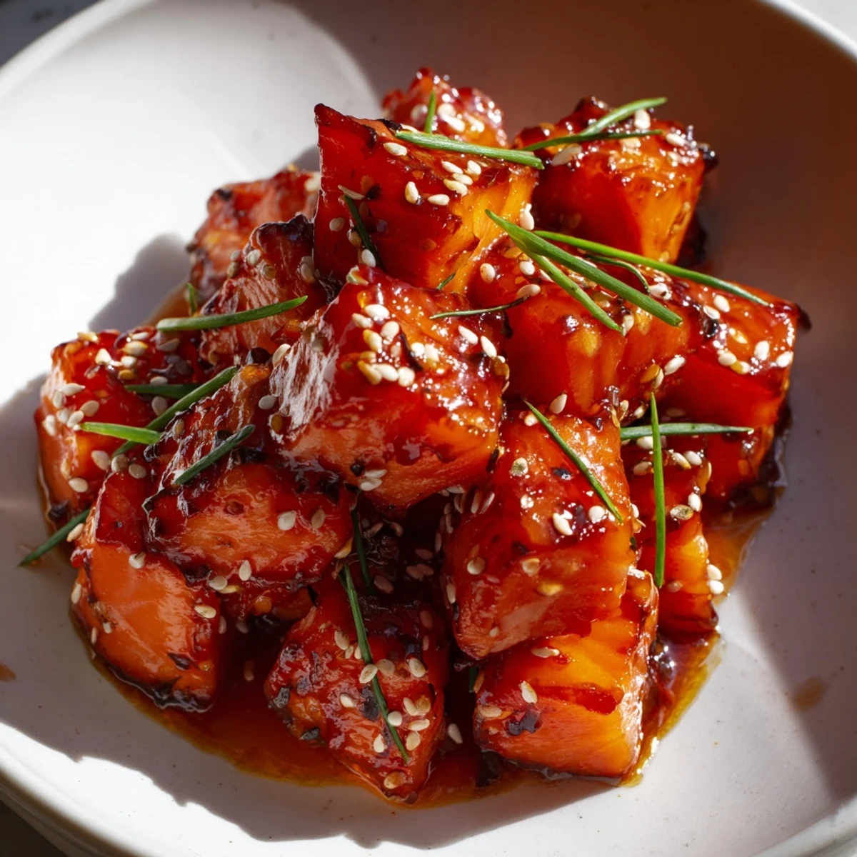 Golden hot honey salmon bites topped with sesame seeds and fresh green chives on a white platter