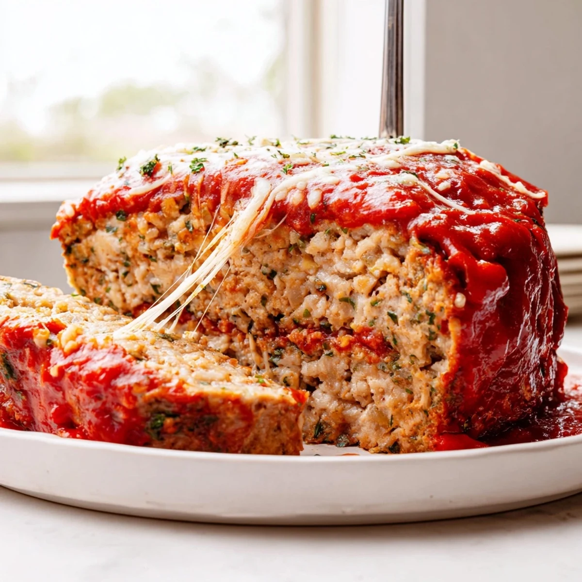 Golden Parmesan chicken meatloaf sliced thick and drizzled with rich marinara sauce