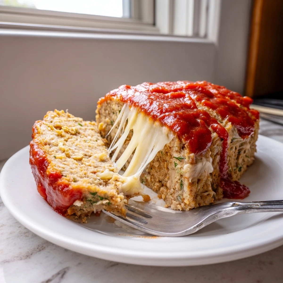Juicy Parmesan chicken meatloaf fresh from the oven topped with bubbling mozzarella cheese