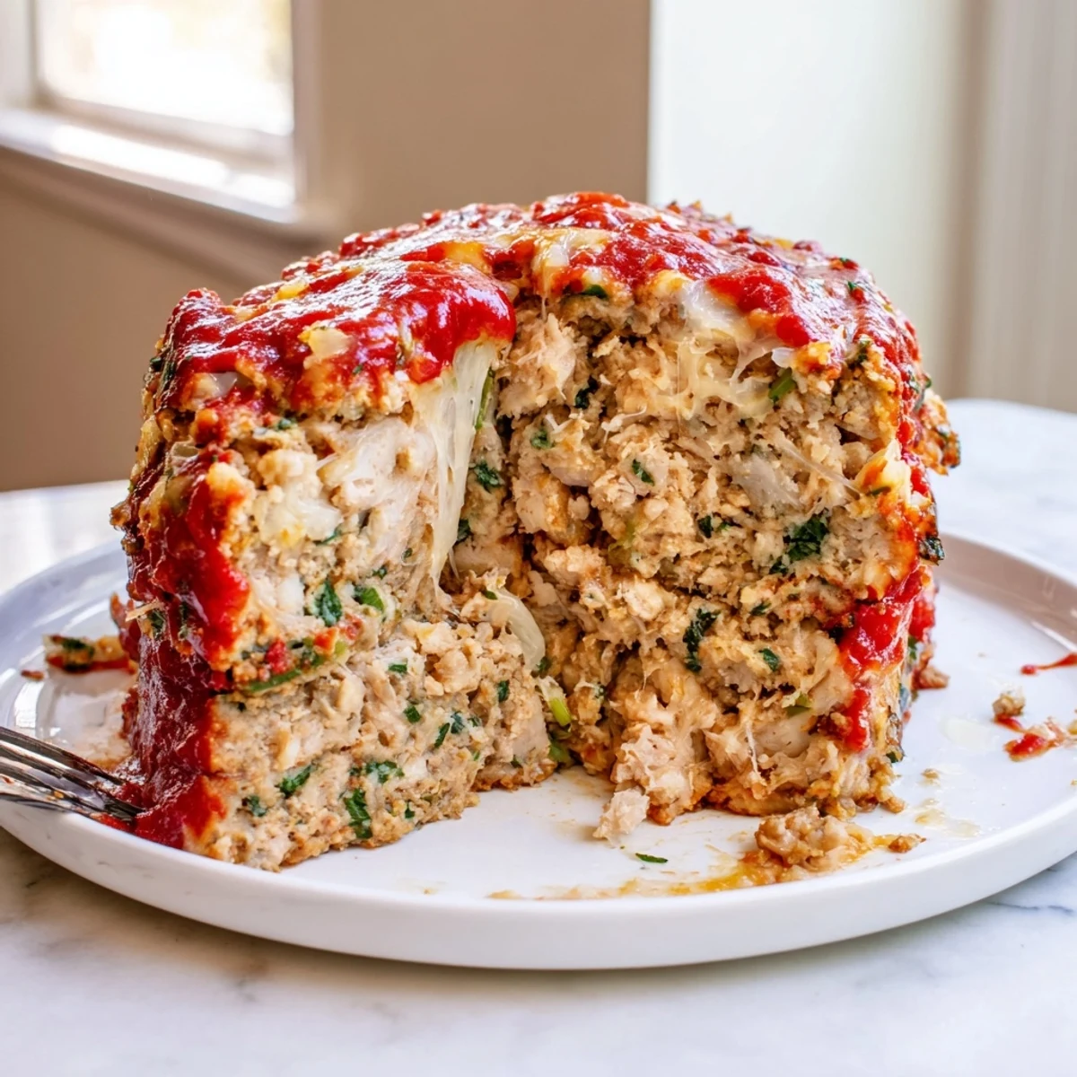 Hearty Parmesan chicken meatloaf garnished with fresh parsley served alongside a crisp green salad