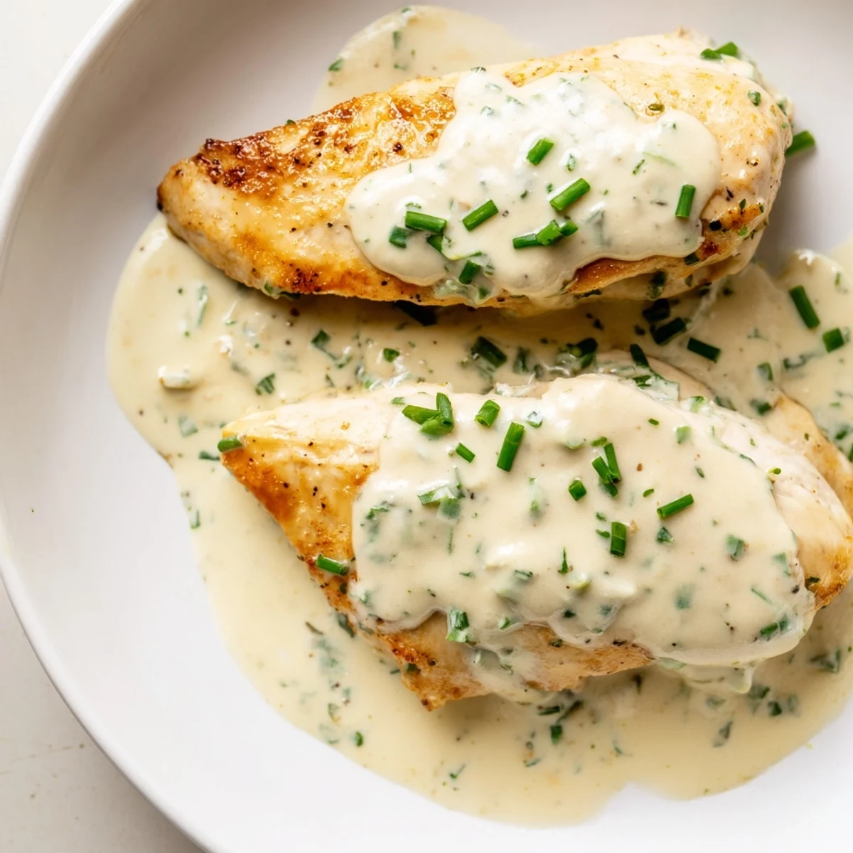 Creamy Boursin sauce with garlic and herbs drizzled over golden seared chicken breasts on a white plate