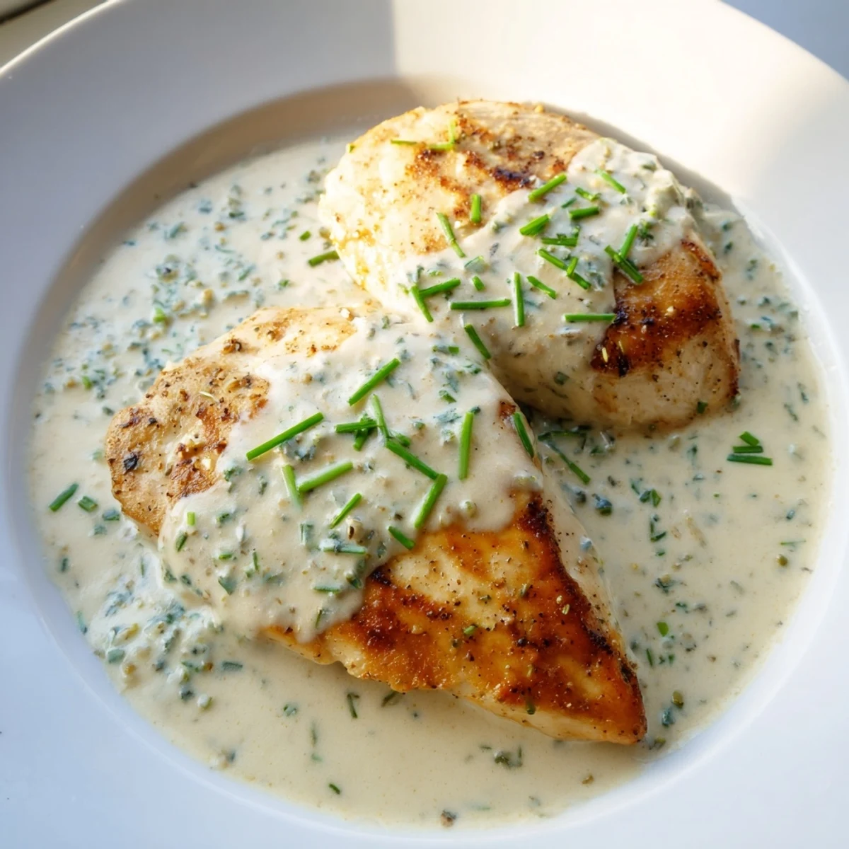 Juicy pan-seared chicken nestled in a rich Boursin garlic herb sauce topped with fresh chives