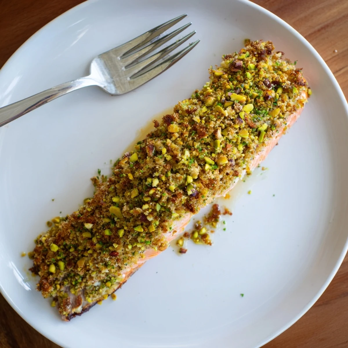Golden maple pistachio salmon fillet with a crunchy nut crust on a parchment-lined baking sheet