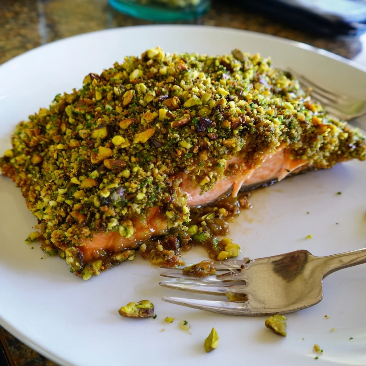 Caramelized maple pistachio salmon plated alongside roasted vegetables with a glistening mustard glaze