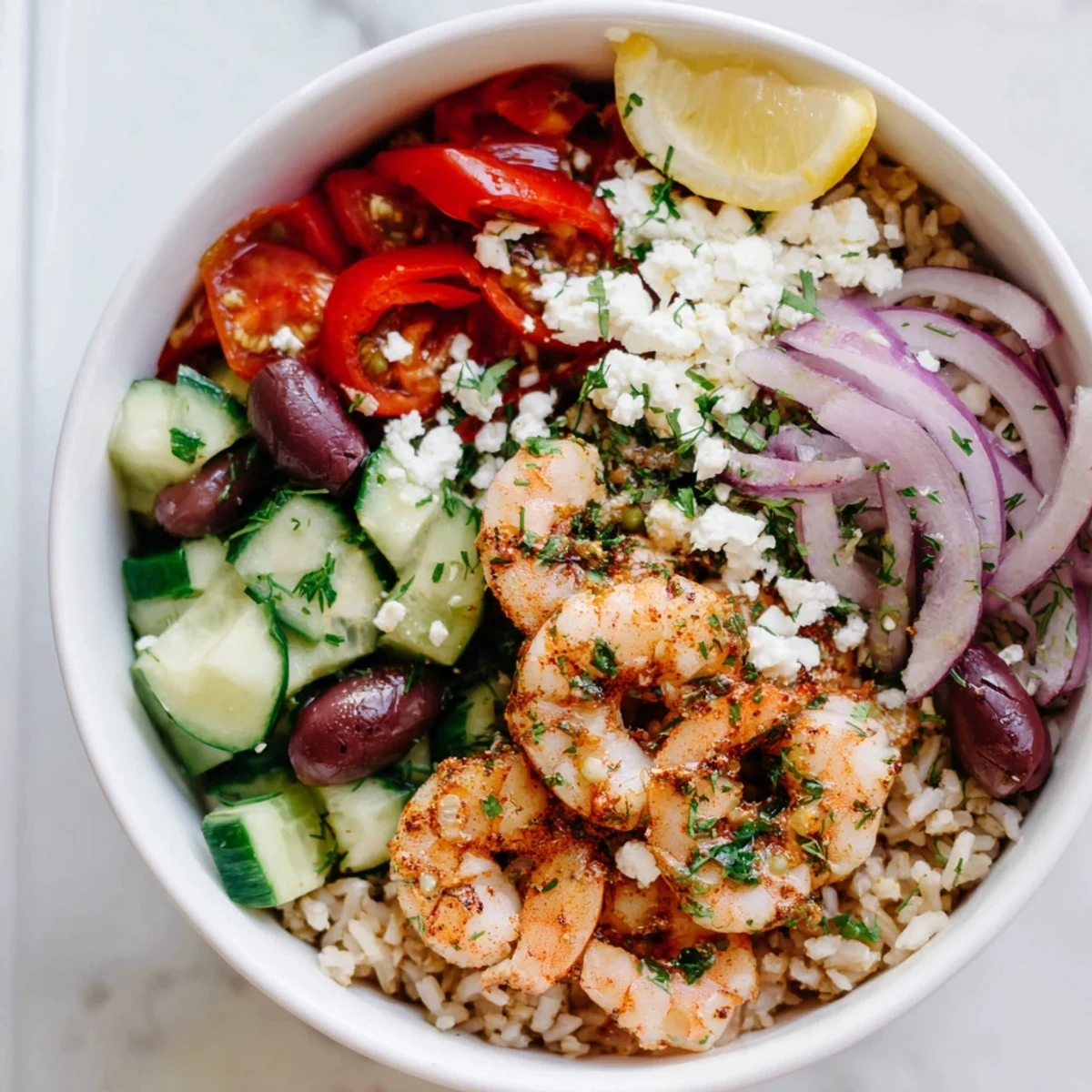 Golden seared Greek shrimp Mediterranean bowl with juicy tomatoes, olives, and crumbled feta