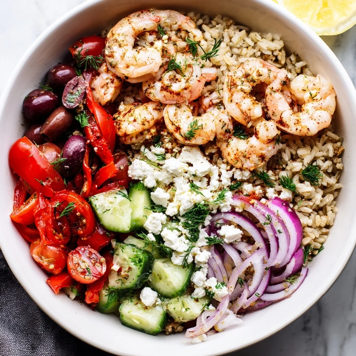 Vibrant Greek shrimp Mediterranean bowl layered over fluffy quinoa with bright lemon herb dressing