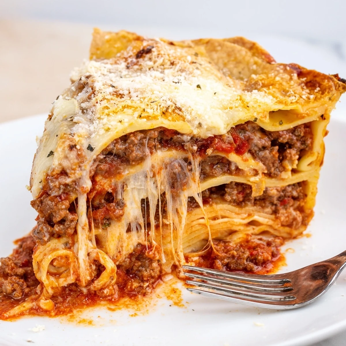 Golden bubbling cheesy lasagna pie with gooey layers fresh from the oven