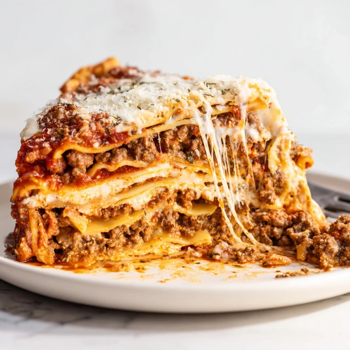 Savory cheesy lasagna pie sliced to reveal stretchy mozzarella and rich meat sauce