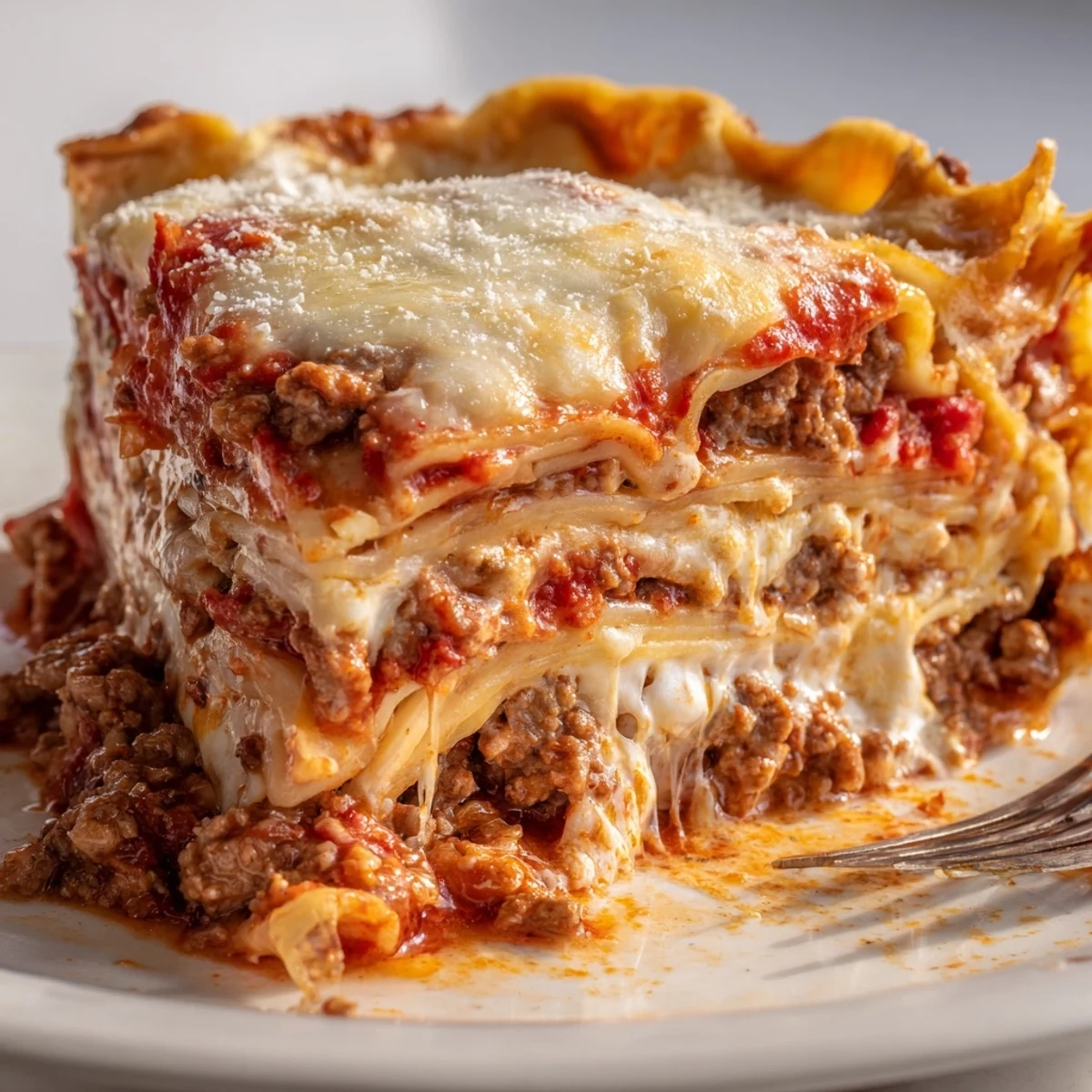 Crusty cheesy lasagna pie topped with melted Parmesan served on a white plate