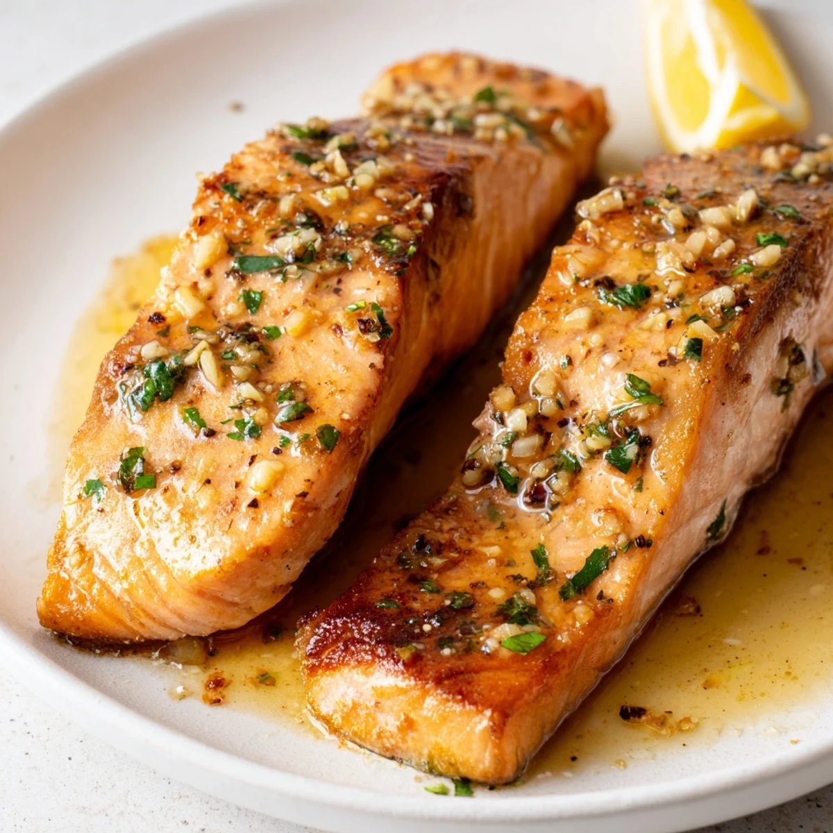 Pan-seared garlic butter salmon topped with melted sauce and fresh lemon wedges
