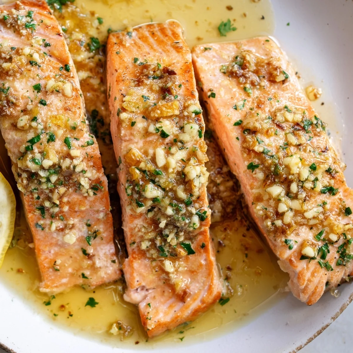 Golden garlic butter salmon fillets glistening with rich lemon herb sauce on a white plate