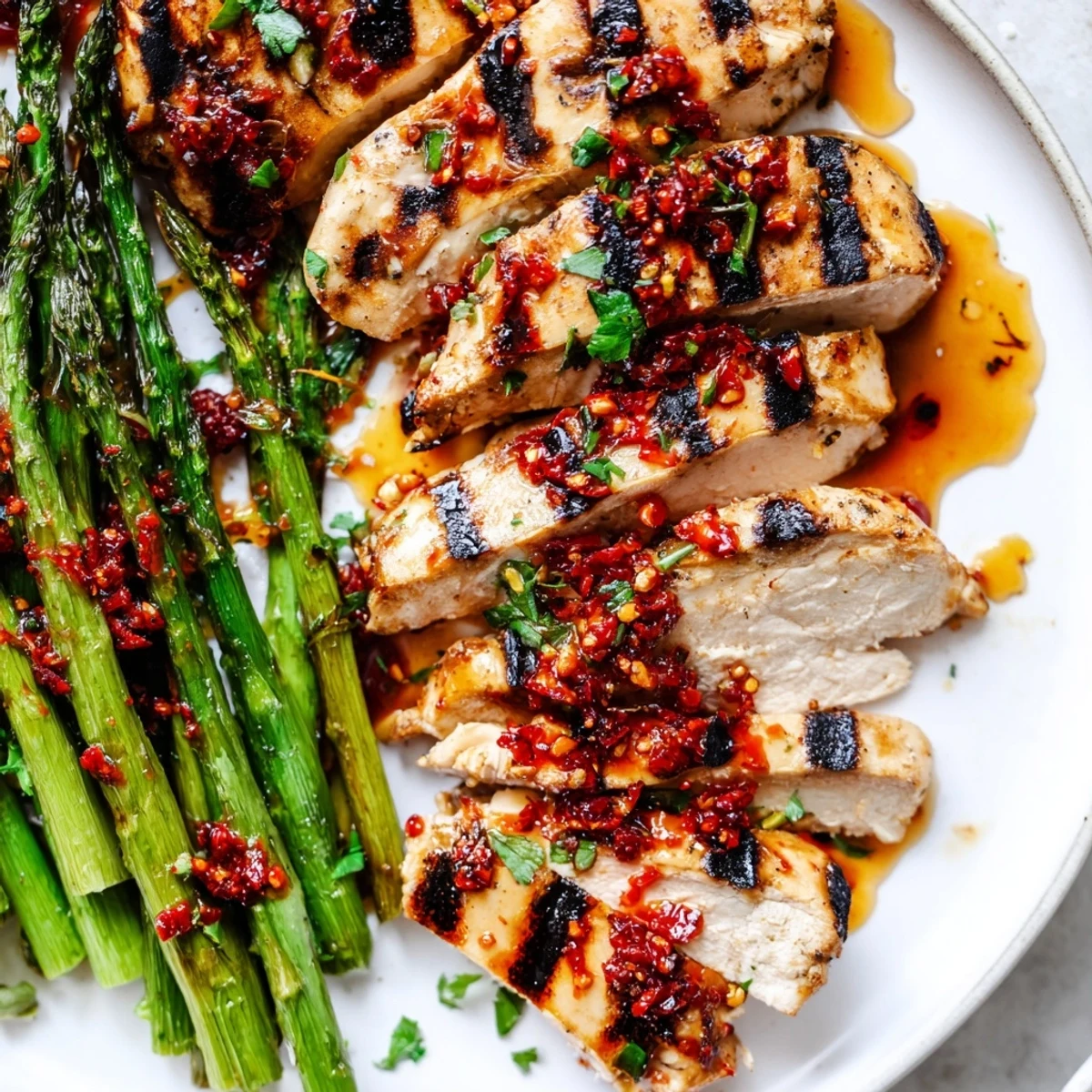 Smoky grilled asparagus chicken drizzled with vibrant red Calabrian chili sauce on a white plate