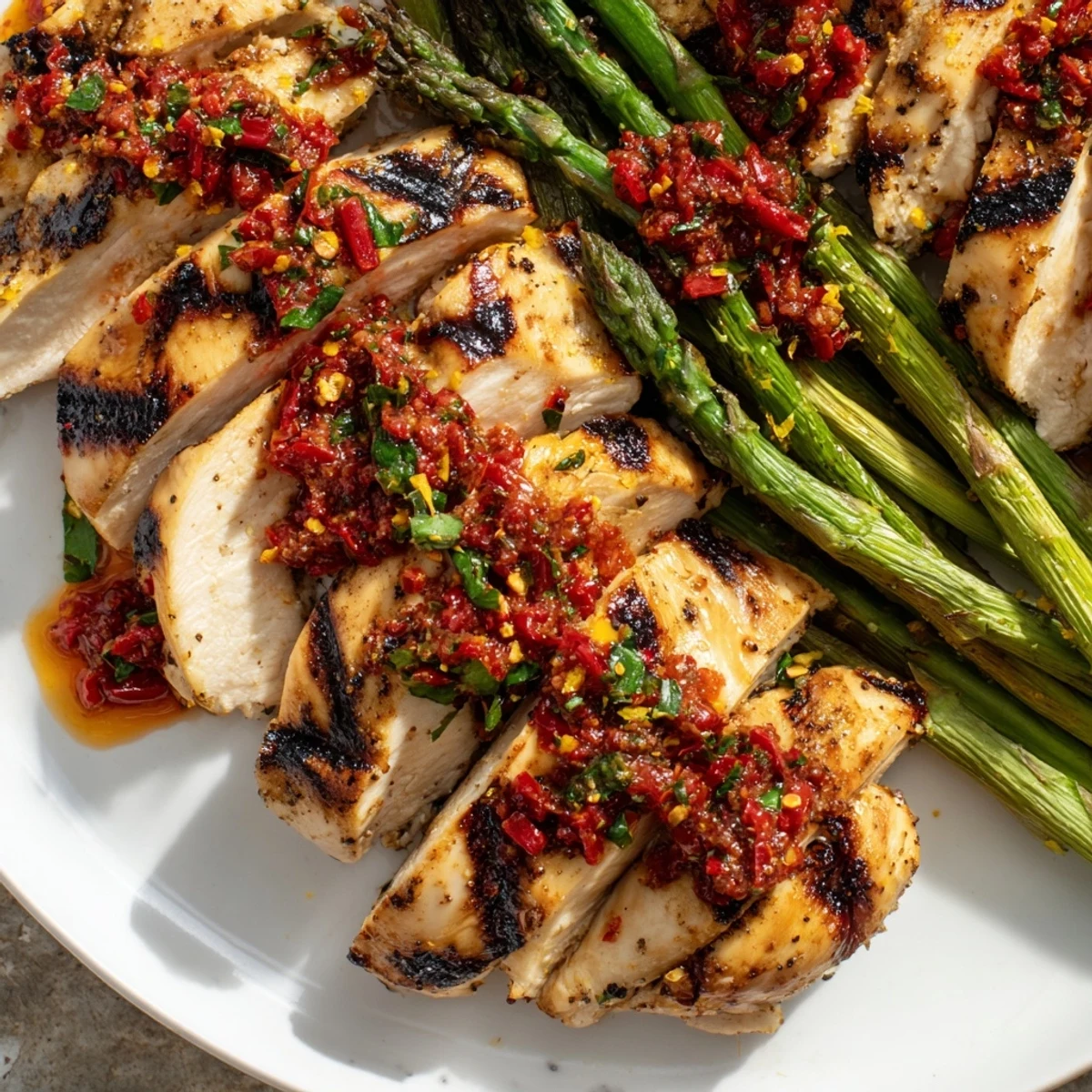 Juicy sliced grilled asparagus chicken topped with spicy Calabrian chili sauce and fresh parsley