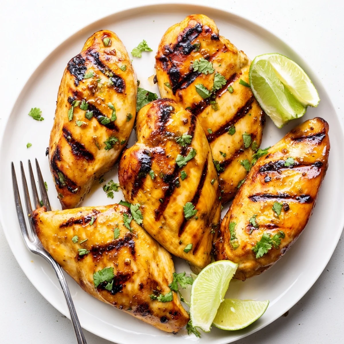 Juicy honey lime chicken sliced open showing tender texture beside lime wedges