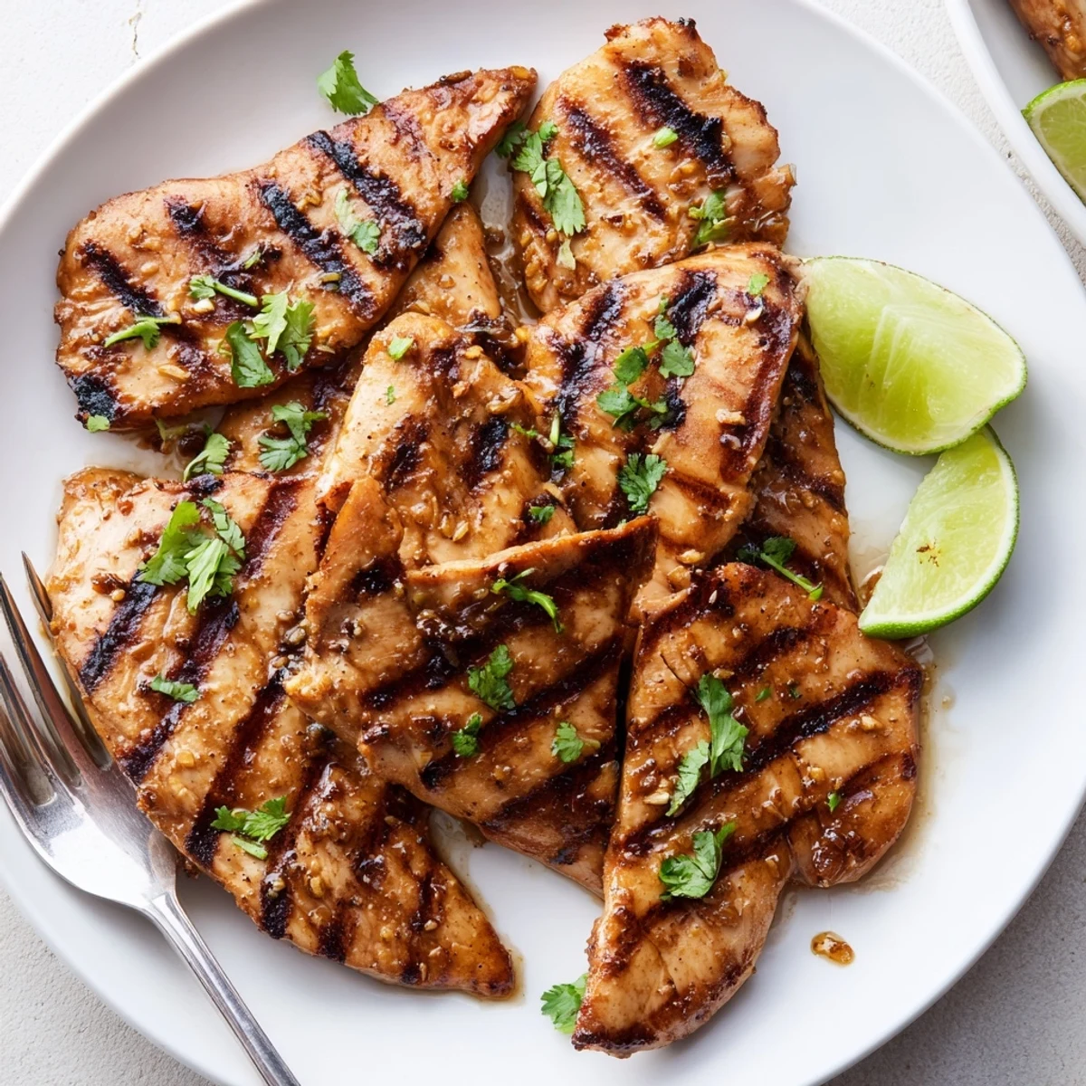 Golden honey lime chicken grilled with char marks and fresh cilantro garnish