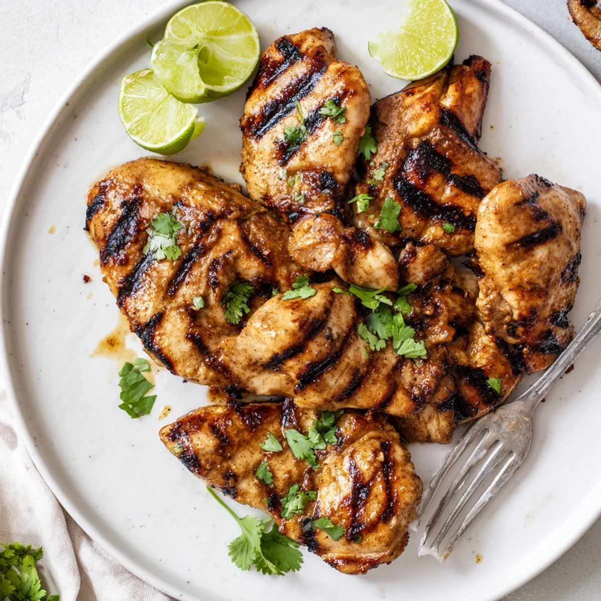 Smoky honey lime chicken breasts drizzled with sweet glaze on a summer plate