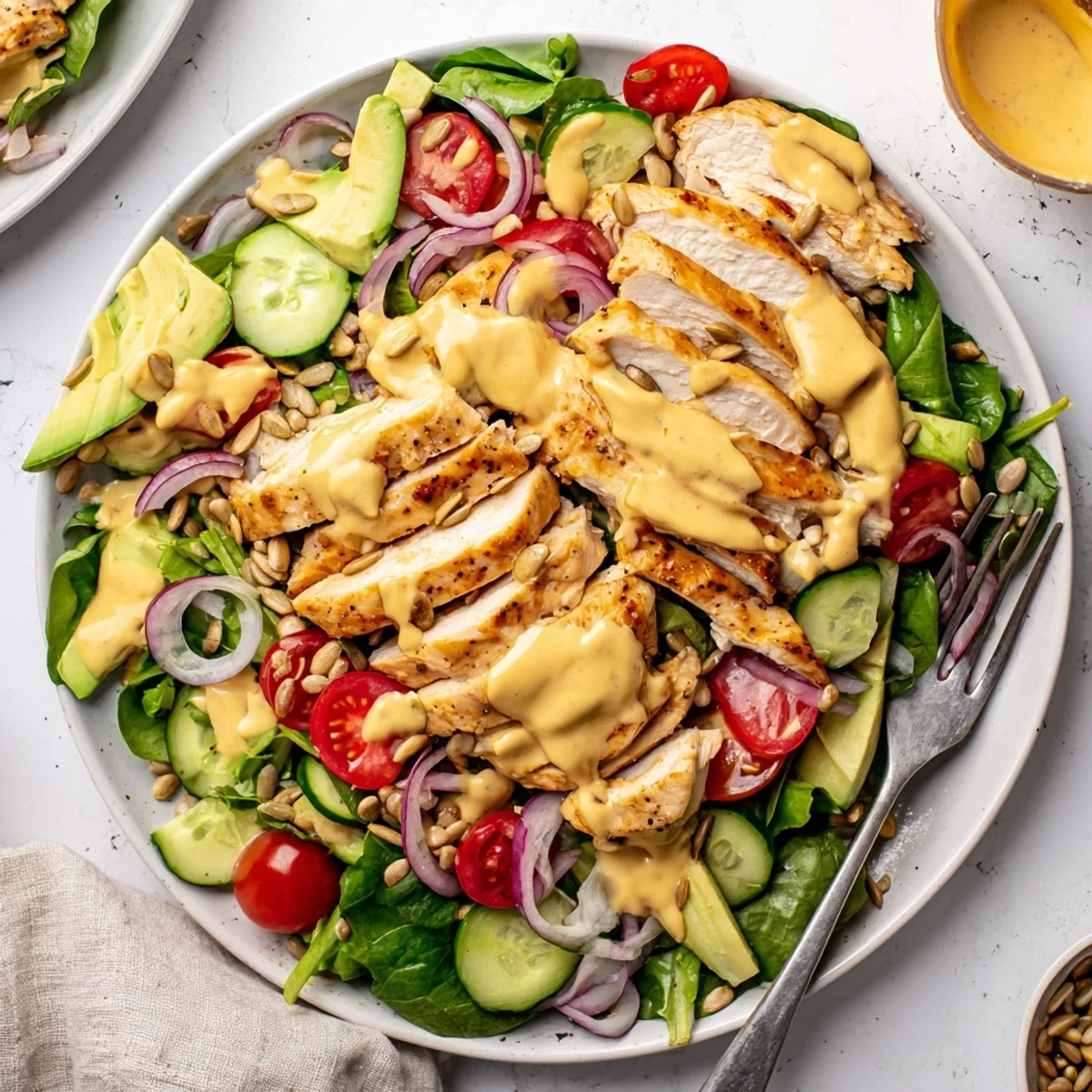 Creamy honey mustard chicken salad with sliced avocado, juicy tomatoes, and crisp mixed greens on a rustic plate.
