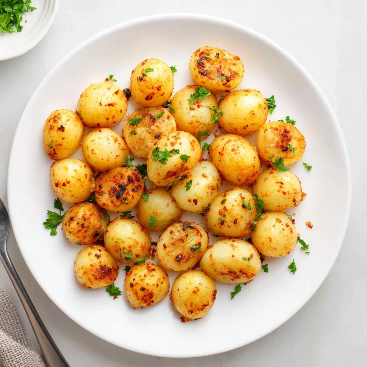 Tender caramelized air fried pearl onions piled on a dark serving plate