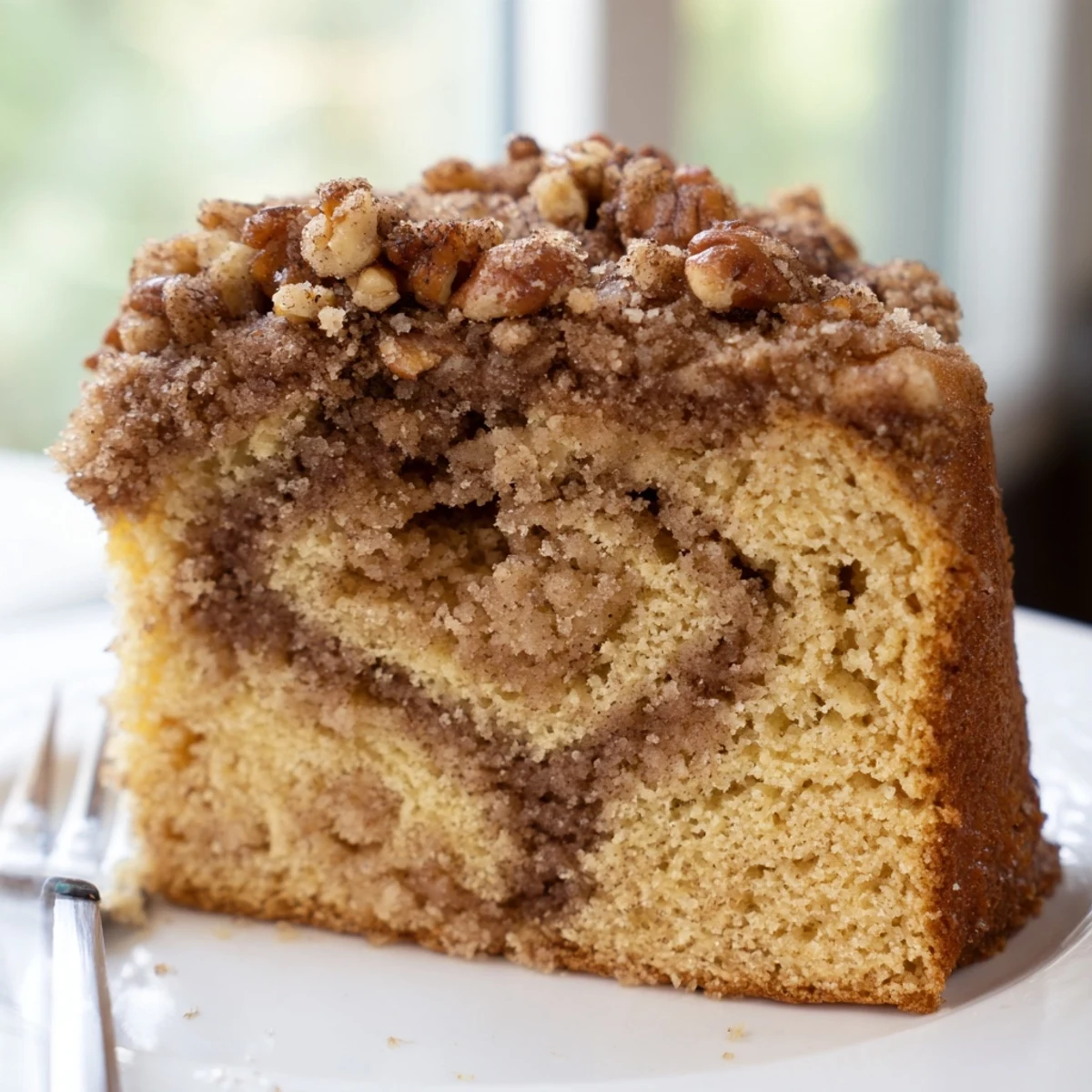 Warm Cinnamon Pecan Crunch Coffee Cake with a crumbly streusel topping fresh from the oven