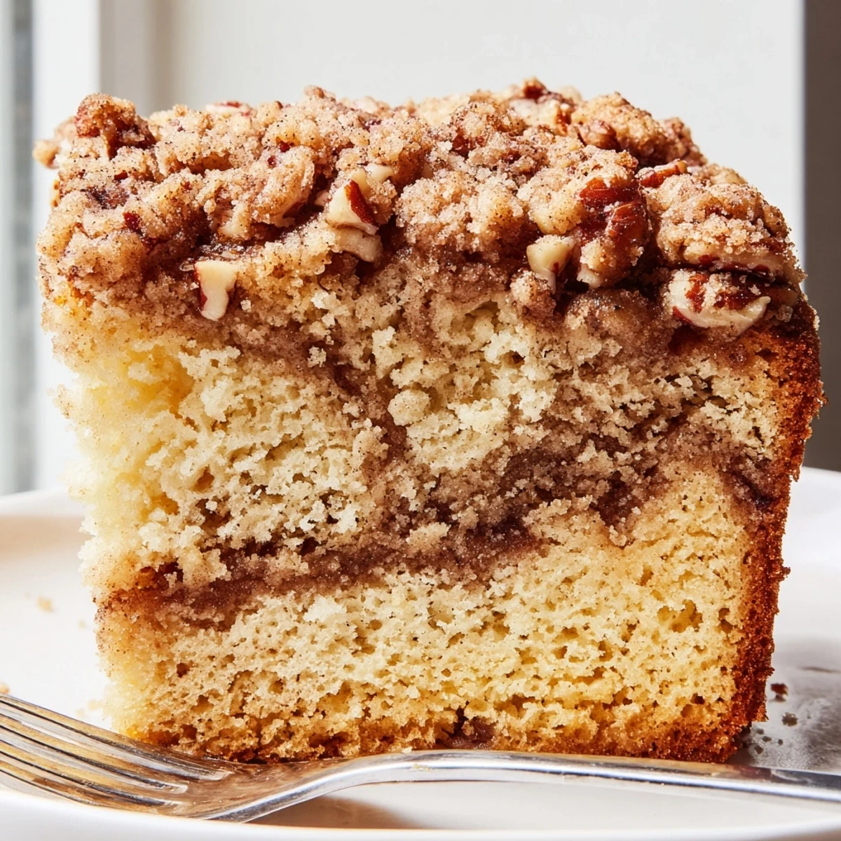 A golden slice of Cinnamon Pecan Crunch Coffee Cake on a rustic ceramic plate