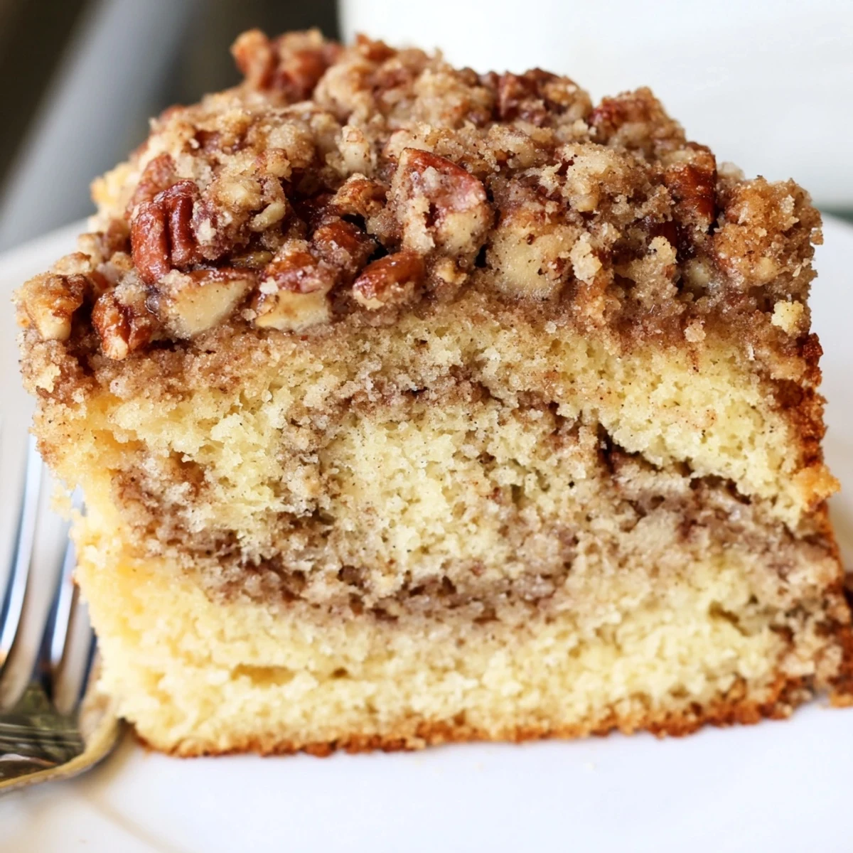 Moist Cinnamon Pecan Crunch Coffee Cake topped with cinnamon-spiced pecans served on a cutting board