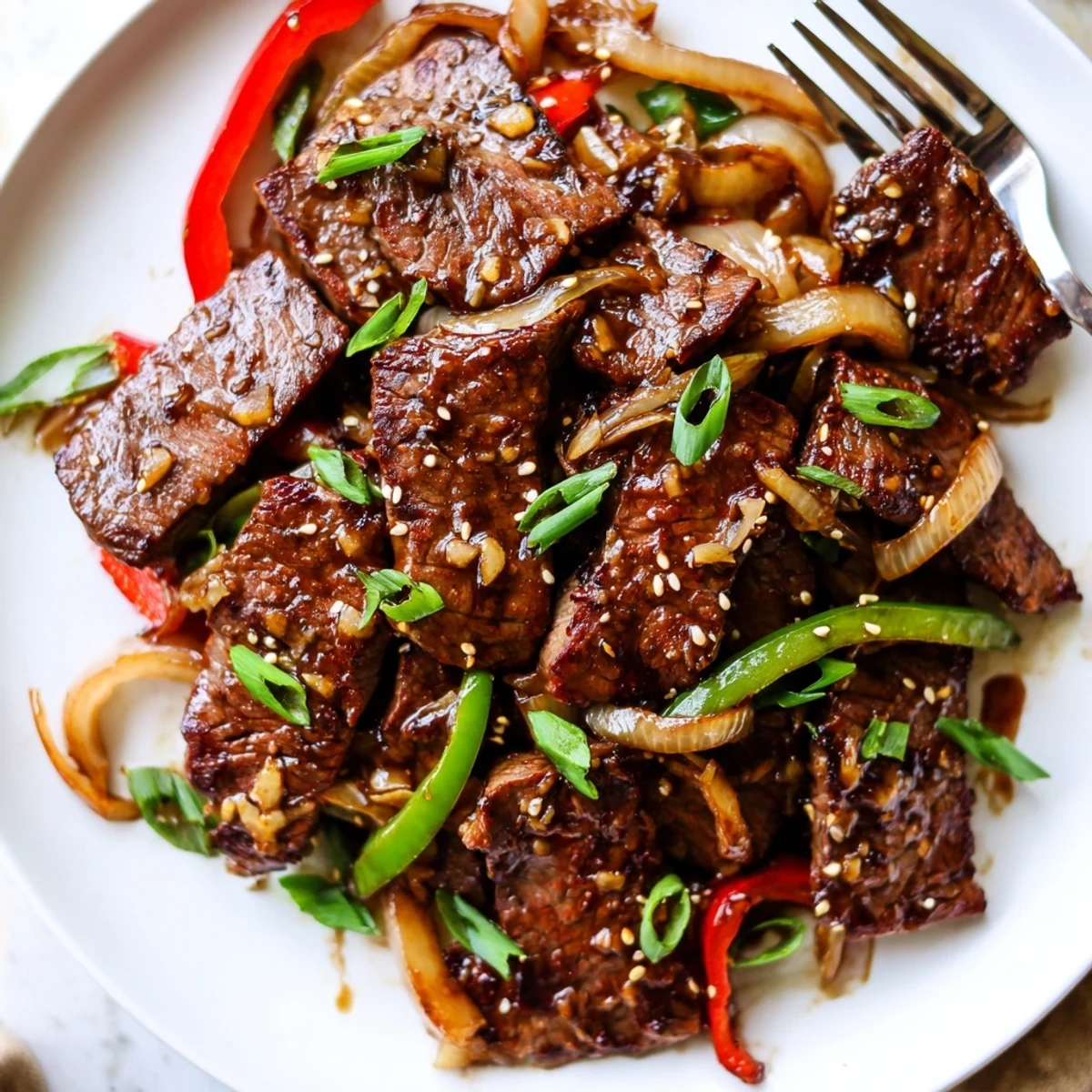 Tender Asian inspired cube steak glazed in savory soy sauce with sautéed peppers