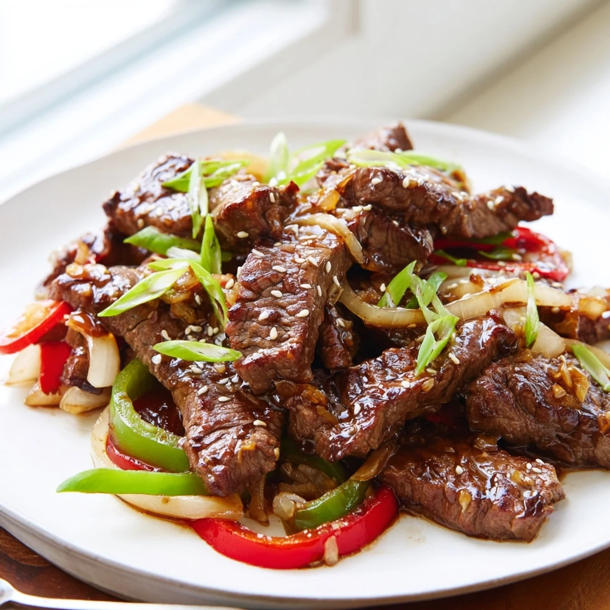 Asian inspired cube steak sizzling in a skillet coated with rich marinade