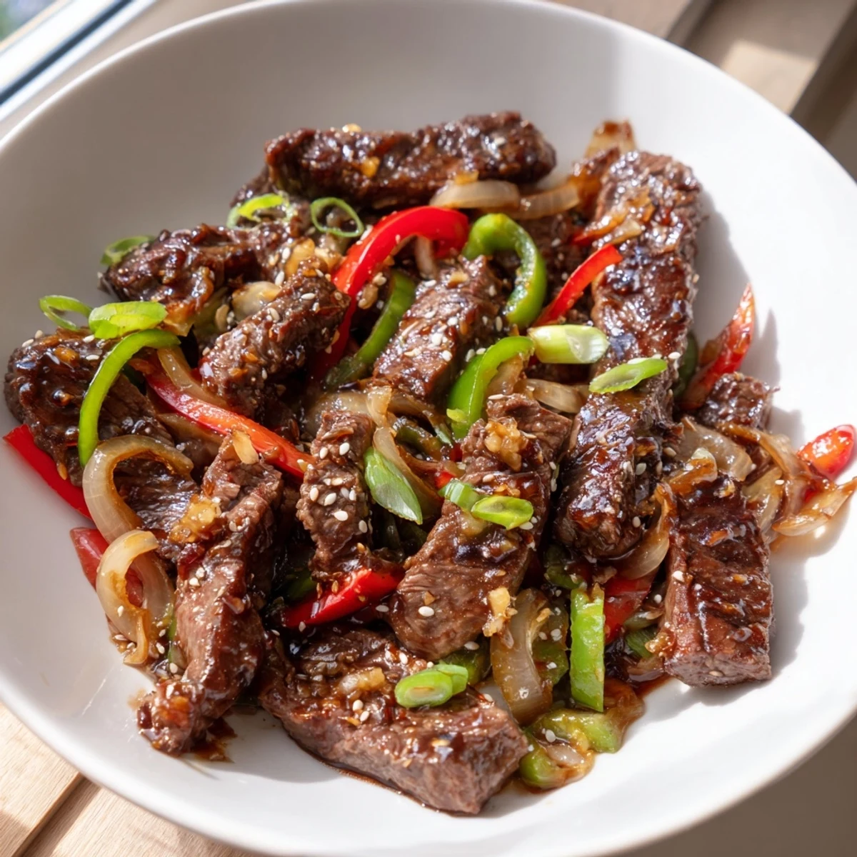 Juicy Asian inspired cube steak plated over white rice topped with sesame seeds