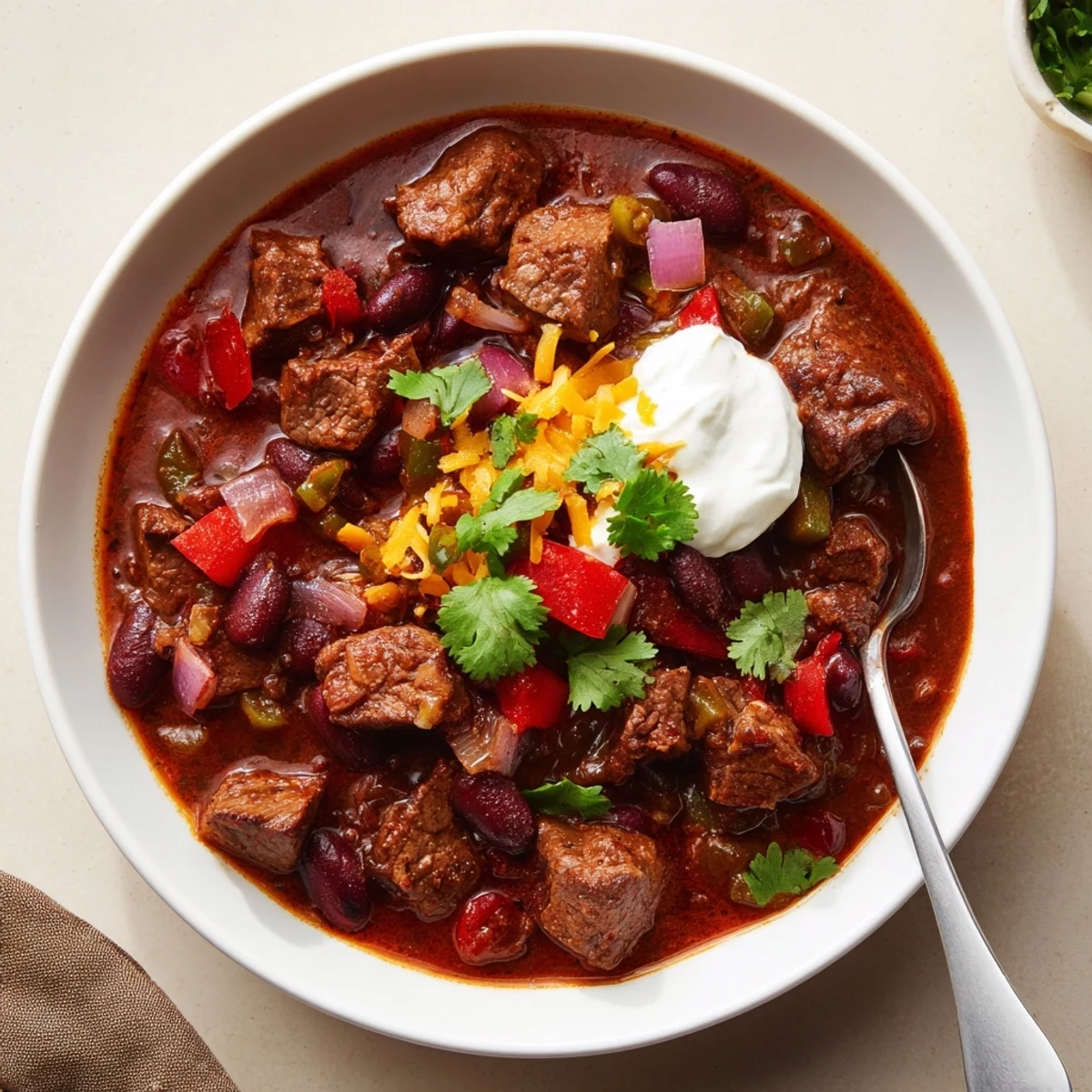 Hearty beefy chili stew in a rustic bowl, garnished with fresh cilantro and a dollop of sour cream