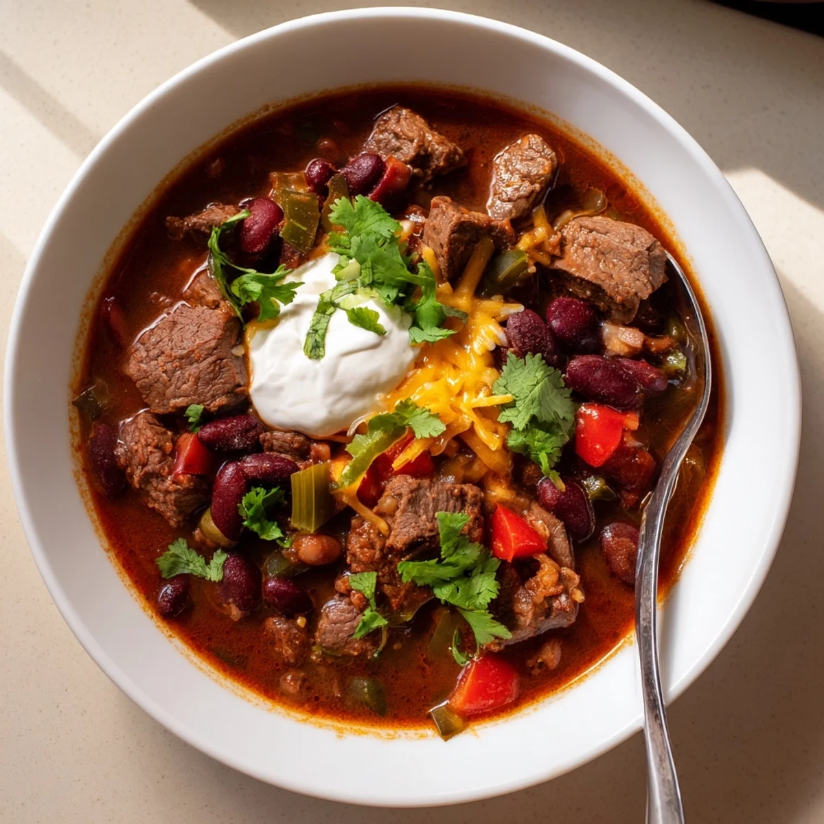 Steaming beefy chili stew loaded with tender beef chunks, beans, and rich red tomato broth