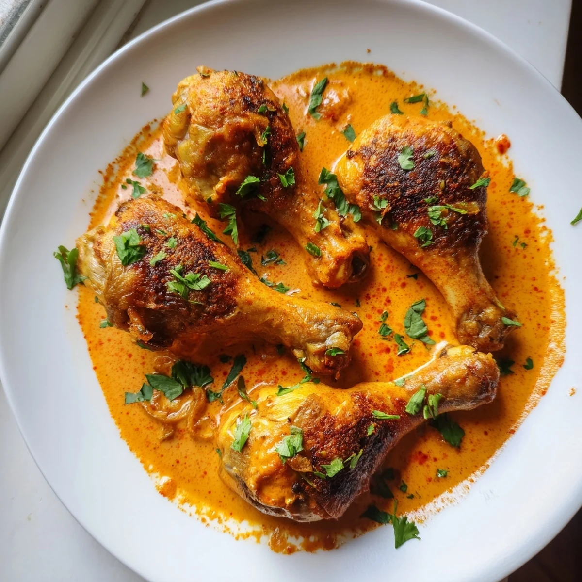 Juicy creamy paprika chicken drumsticks swimming in a smoky, golden cream sauce with parsley garnish