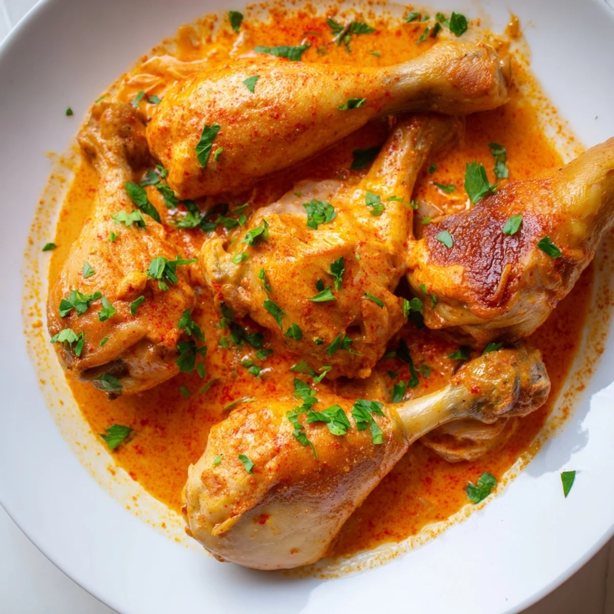 Golden seared creamy paprika chicken drumsticks nestled in a rich, velvety red pepper cream sauce