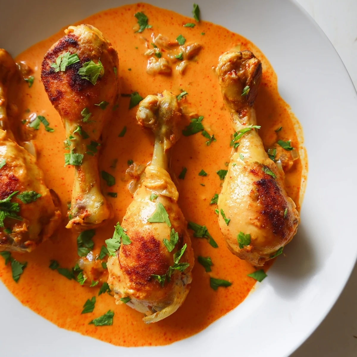 Crispy-skinned creamy paprika chicken drumsticks served over fluffy mashed potatoes with ladles of sauce