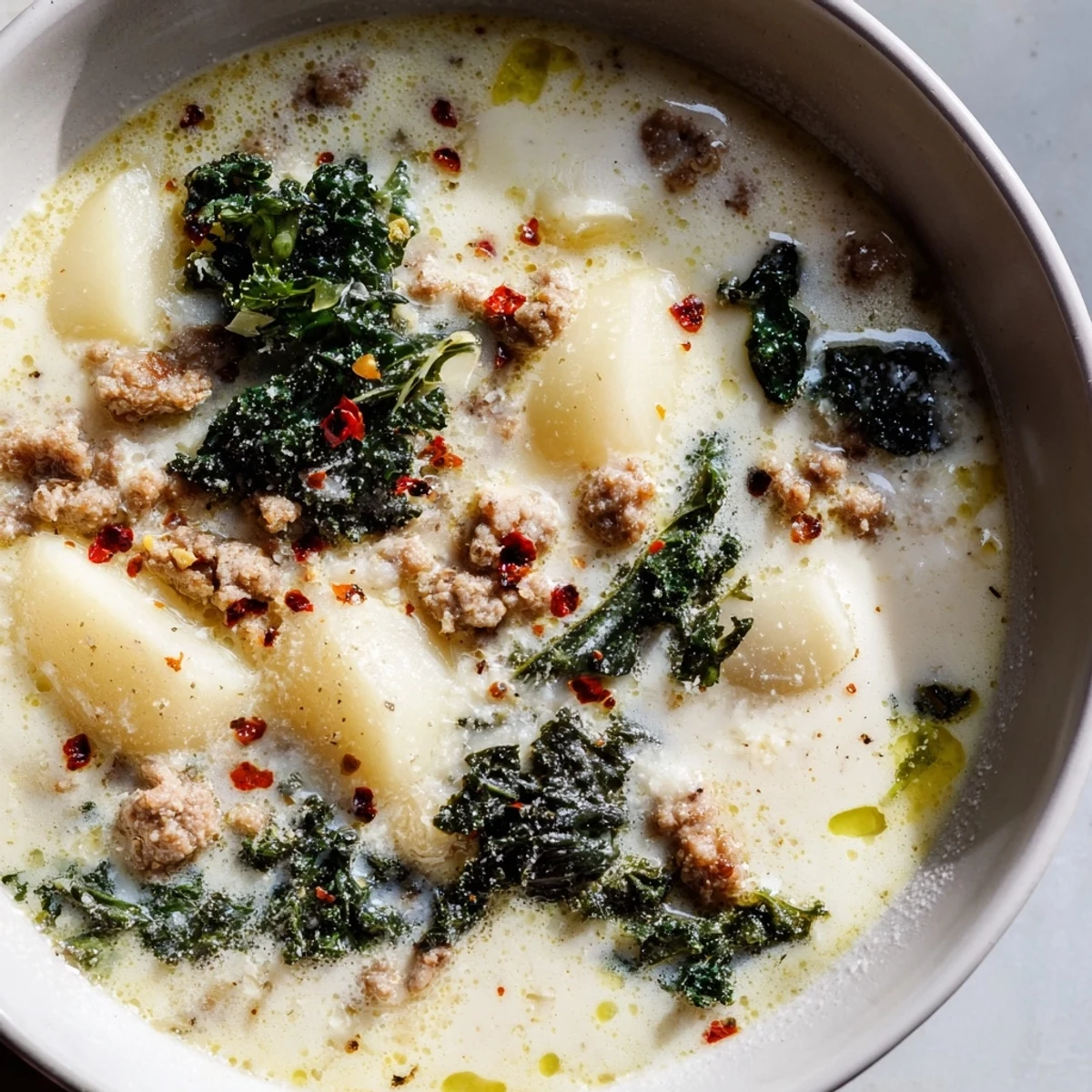 Steaming bowl of Zuppa Toscana soup topped with a Parmesan garnish
