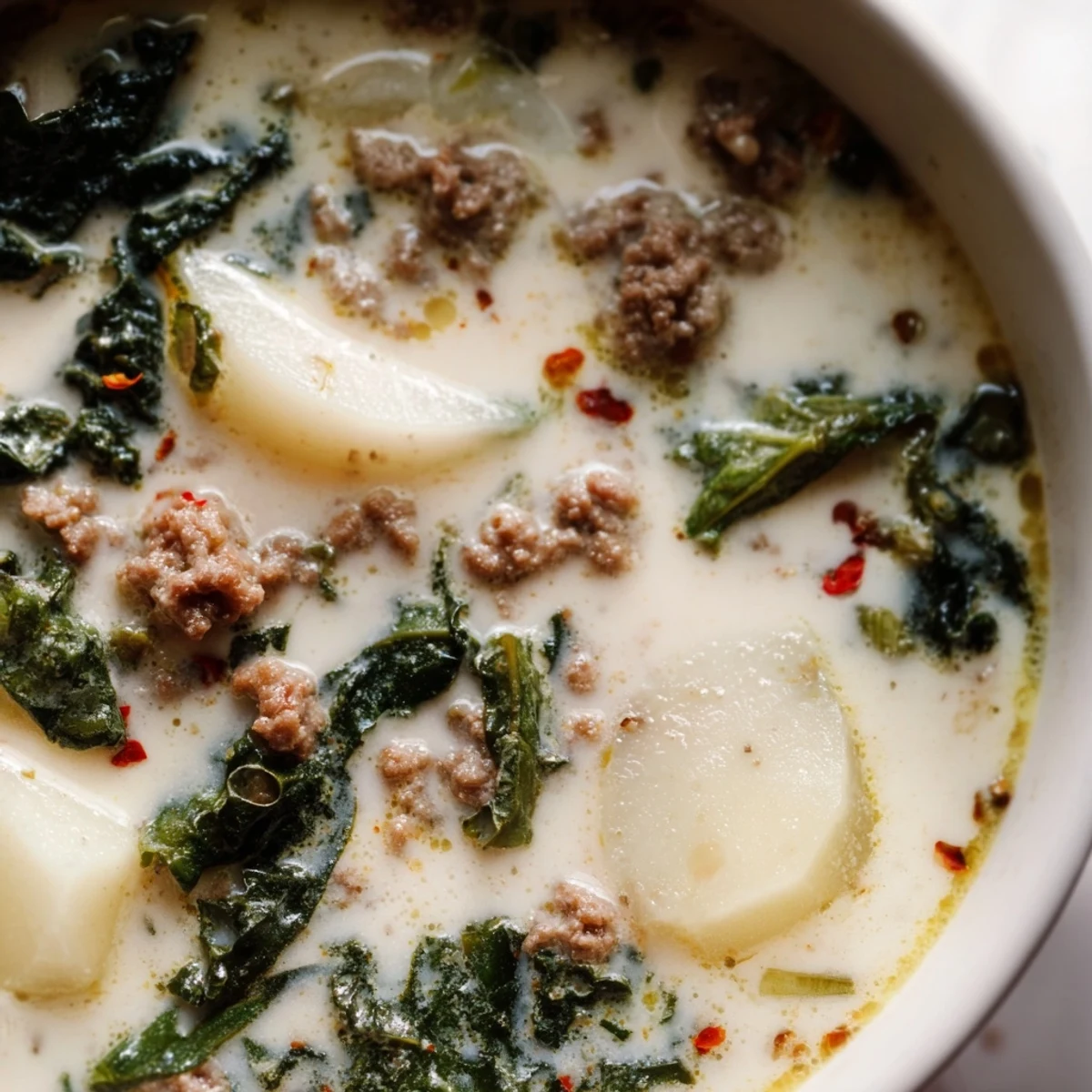Creamy Zuppa Toscana soup loaded with sausage, potatoes, and fresh kale