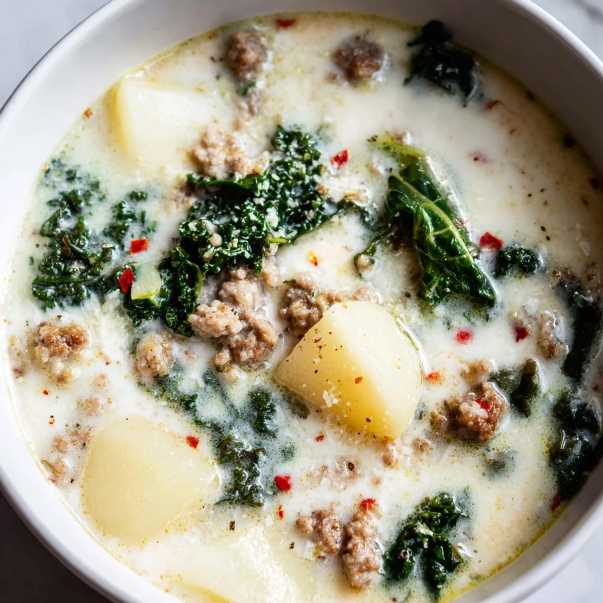 Hearty Zuppa Toscana soup with crumbled sausage and tender potato slices