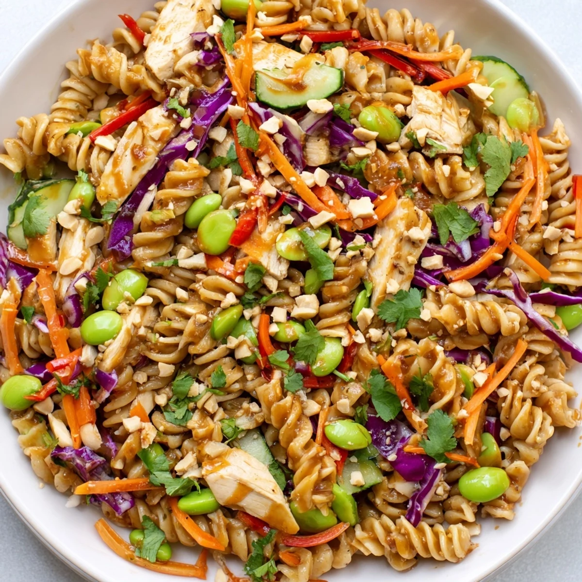 Grilled chicken and edamame atop protein packed Thai pasta salad sprinkled with roasted peanuts