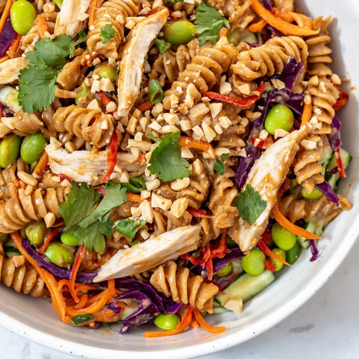 Colorful protein packed Thai pasta salad tossed in creamy peanut dressing with crisp vegetables
