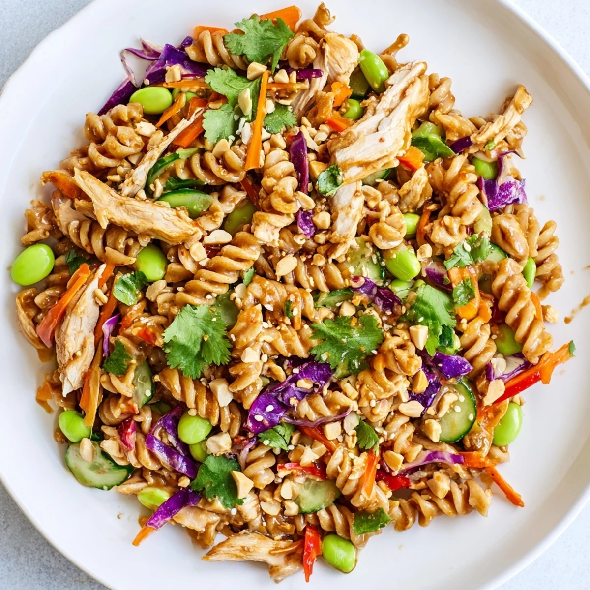 Vibrant protein packed Thai pasta salad in a bowl drizzled with spicy sesame peanut sauce