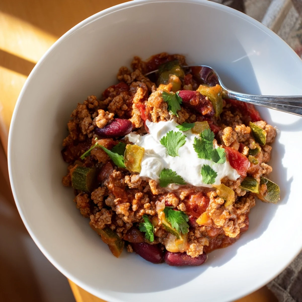 Warm diabetic chili recipe ladled into a rustic bowl with diced bell peppers