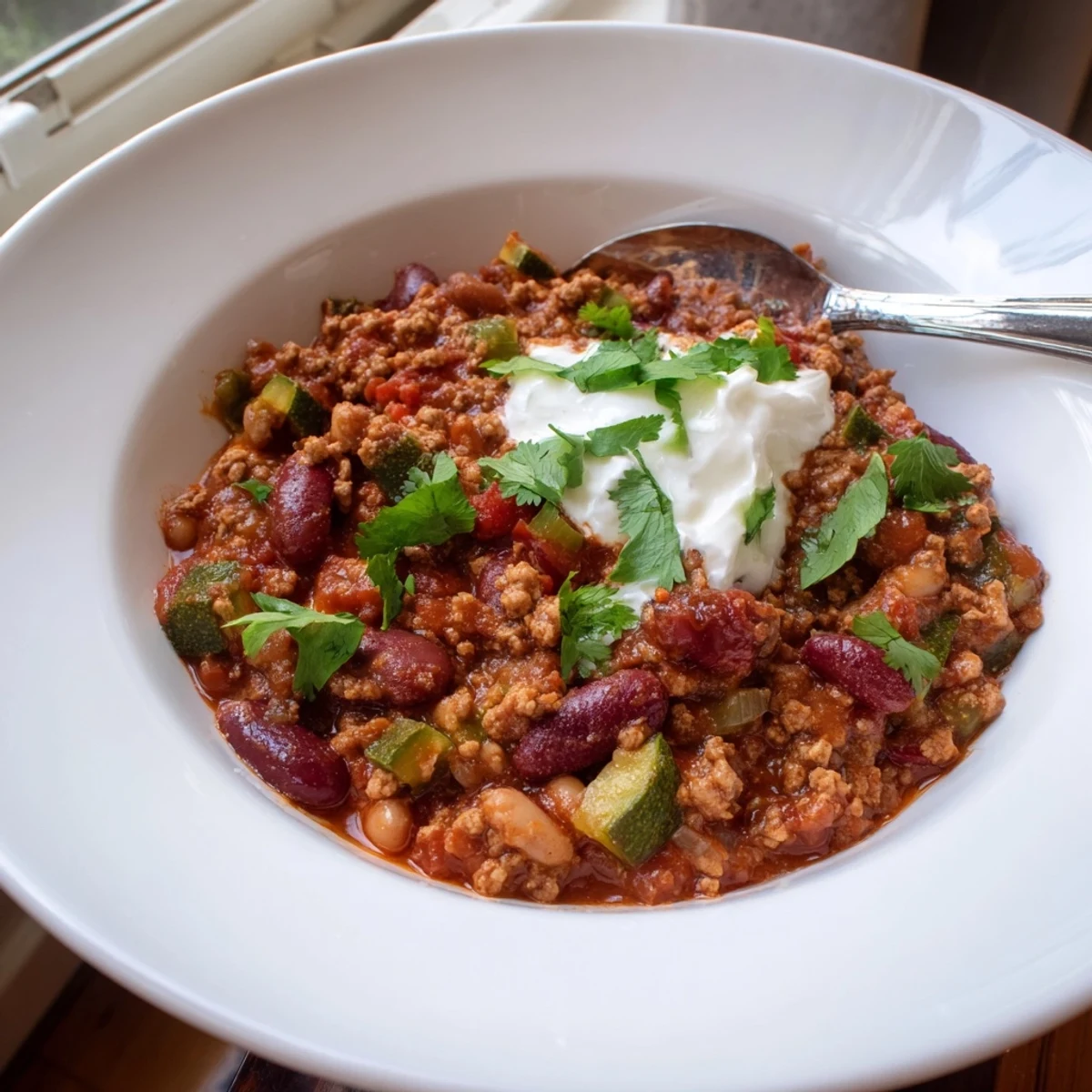 Steaming bowl of diabetic chili recipe topped with fresh cilantro and red kidney beans