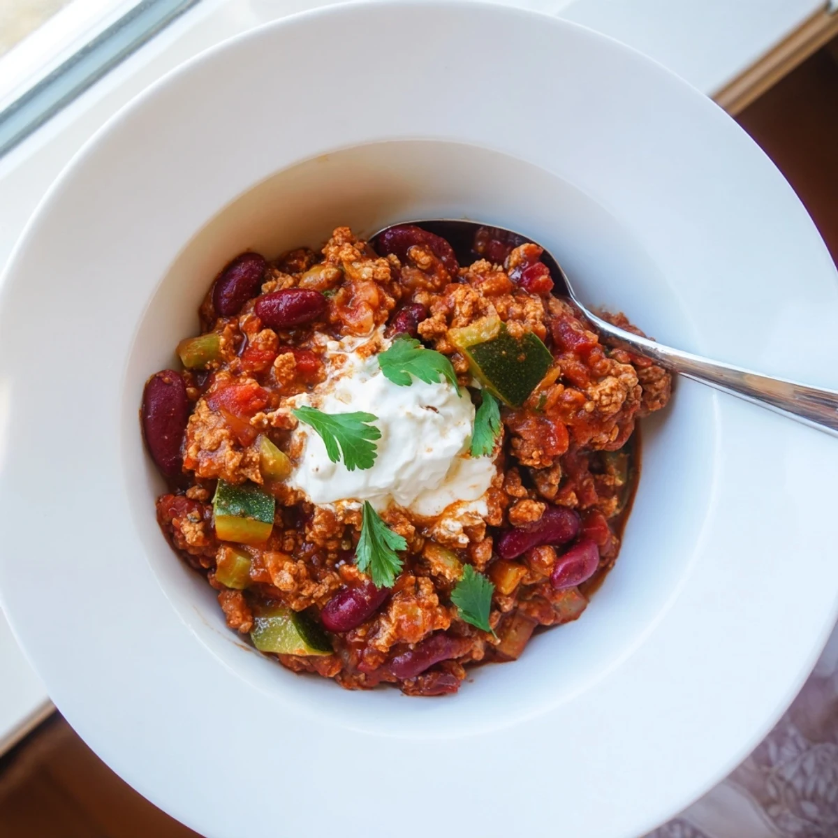 Thick hearty diabetic chili recipe in a cast iron pot with melted cheese sprinkle