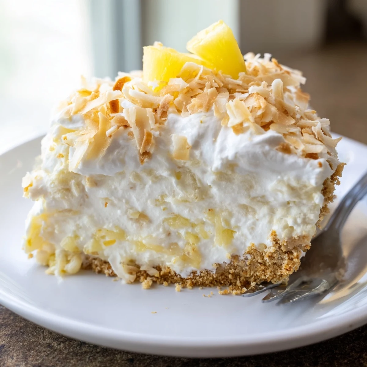 Creamy no bake pineapple coconut cream cake sliced on a rustic white plate